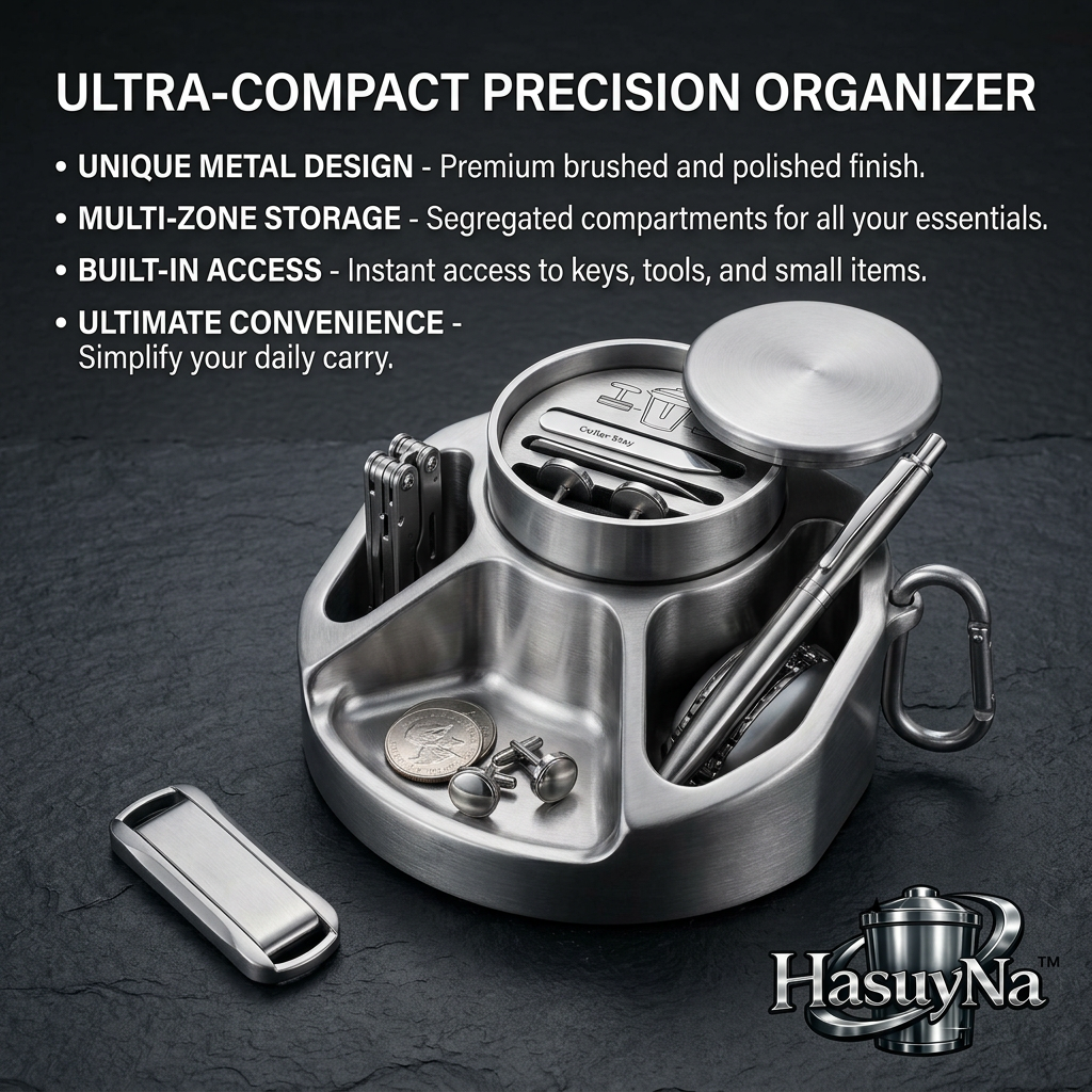 HasuyNa™ Premium Metal Valet Tray & EDC Organizer | Ultra-Compact Desk Caddy & Dresser Nightstand Organizer | Multi-Zone Daily Carry Tray for Keys, Pens, Coins, Collar Stays & Multi-Tools