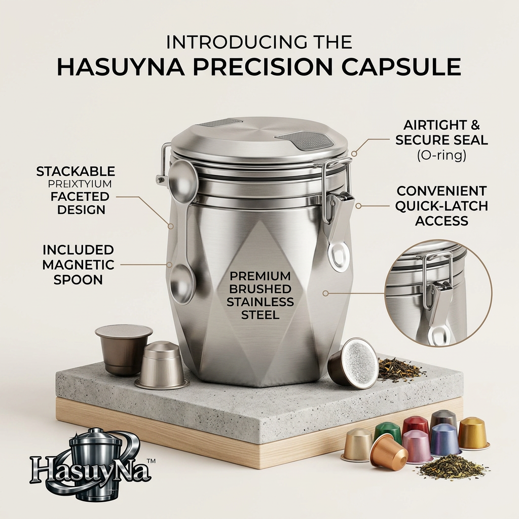 HasuyNa™ Airtight Coffee Pod Holder and Capsule Storage Canister - Premium Brushed Stainless Steel Organizer with Magnetic Spoon, Stackable Faceted Design & Quick-Latch Lid for Coffee Bar Countertop