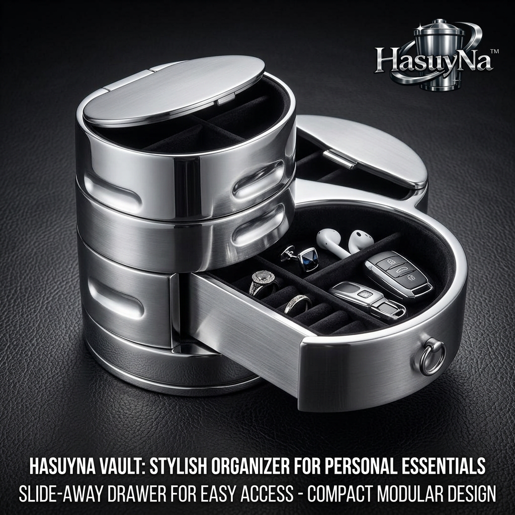 HasuyNa™ Vault Modular Metal Valet Tray & Jewelry Organizer | Compact Stackable Catchall Box with Slide-Away Drawer | Premium Desktop EDC Storage Case for Men's Rings, Cufflinks, Keys, and Wireless Earbuds