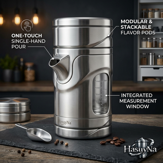 HasuyNa™ Stainless Steel Airtight Coffee Canister and Dispenser - One-Touch Single-Hand Pour Coffee Bean Storage Container with Integrated Measurement Window, Stackable Flavor Pods, and Scoop
