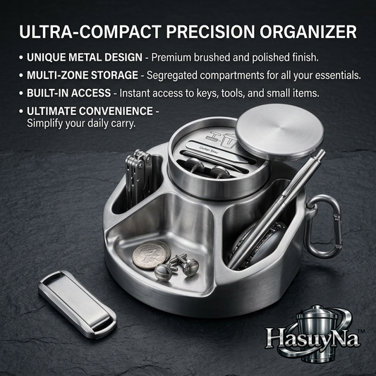 HasuyNa™ Premium Metal Valet Tray & EDC Organizer | Ultra-Compact Desk Caddy & Dresser Nightstand Organizer | Multi-Zone Daily Carry Tray for Keys, Pens, Coins, Collar Stays & Multi-Tools