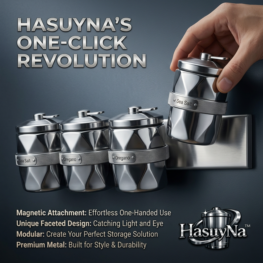 HasuyNa™ Magnetic Spice Jars Set | Wall Mounted Seasoning Organizer Rack | Premium Faceted Metal Canisters with One-Click Dispenser | Modular Space-Saving Kitchen Storage for Herbs, Spices & Salts