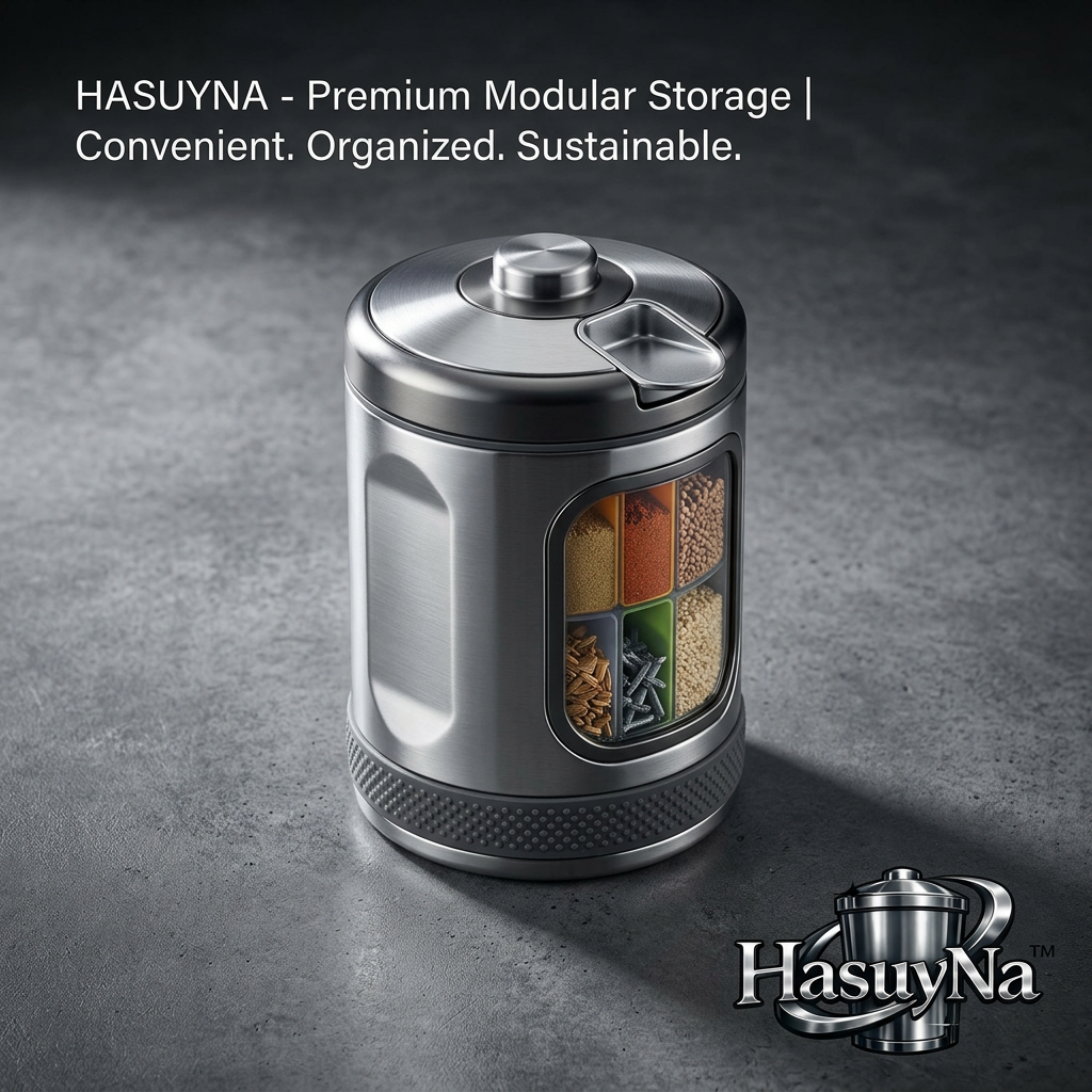 HasuyNa™ 6-in-1 Rotating Spice Dispenser & Organizer | Premium Stainless Steel Multi-Compartment Dry Food Storage Canister | Space-Saving Modular Kitchen Container with Easy-Pour Spout