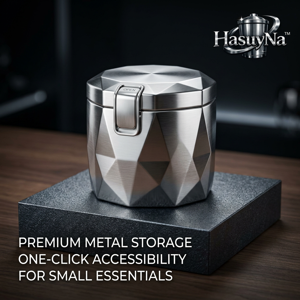 HasuyNa™ Premium Metal Storage Box - One-Click Open Small Essentials Organizer, Geometric Diamond Airtight Stash Canister, Portable Travel Pill Case, Sleek Desktop Jewelry & Keepsake Box