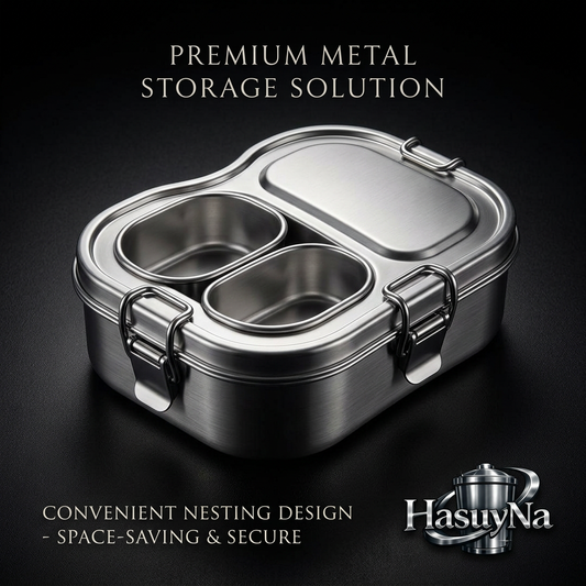 HasuyNa™ 3-Compartment Stainless Steel Bento Box - Premium Metal Lunch Box for Adults & Kids, Durable Food Storage Container with Heavy-Duty Lock Latches, Eco-Friendly Portion Control Meal Prep Lunchbox for Work, School, and Travel