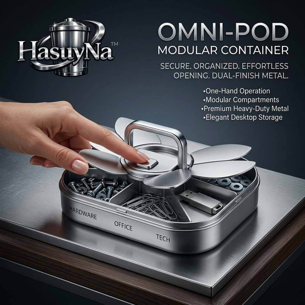 HasuyNa™ Omni-Pod Modular Metal Desktop Organizer - One-Hand Push-Button Opening Storage Box with Compartments for Office, Tech, and Hardware - Premium Dual-Finish Heavy-Duty Desktop Organizer Caddy